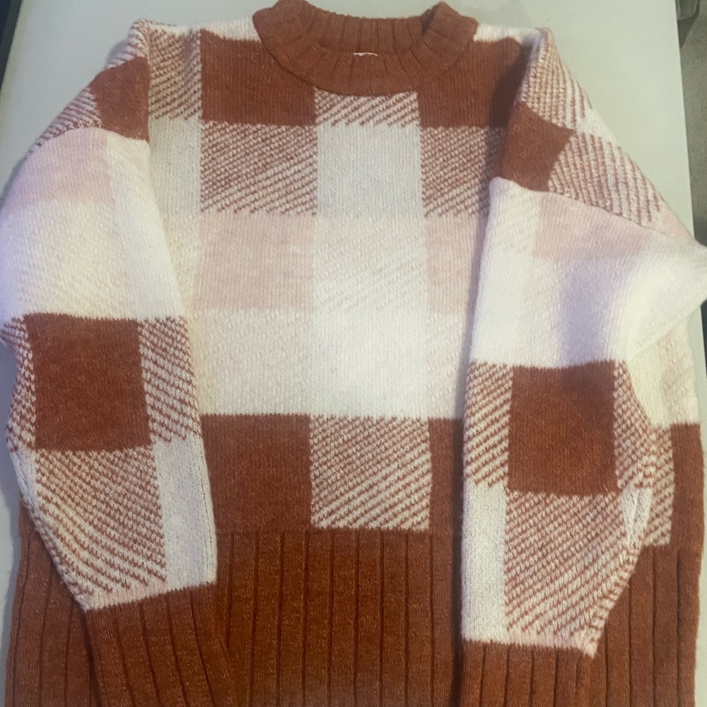a new day Checkered Crew Neck Sweater - Rust and Cream